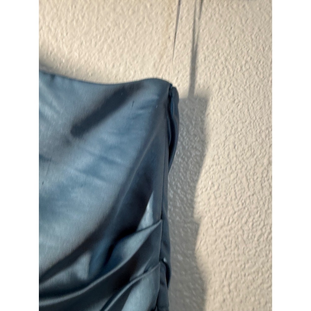 ELLIATT Reception Dress Dusty Blue One Shoulder Satin Ruched Midi Size L‎ - Picture 10 of 16